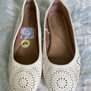 Cream Leather Flats with Perforated Design and Slip-On Style